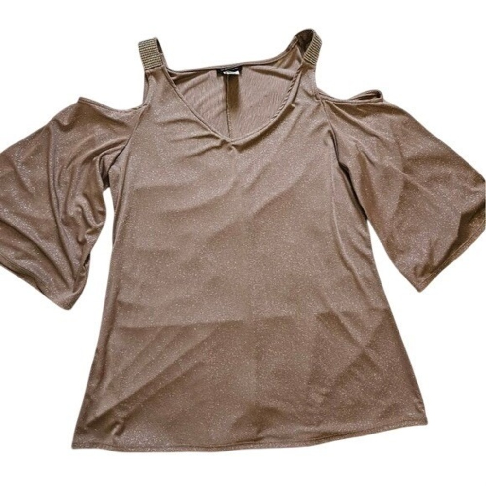 S. Levine Top Women Large Taupe Cold Shoulder Rhinestone Shimmer Bell Sleeve